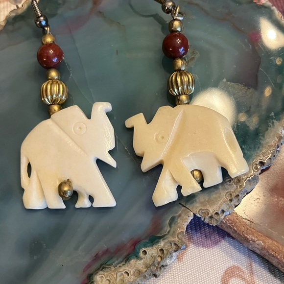 Bone  Elephant Dangle Earrings with Gold and Brown Accents - Women Jewelry - Picture 7 of 9